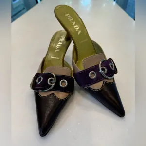 Prada multi color kitten heels with silver buckle