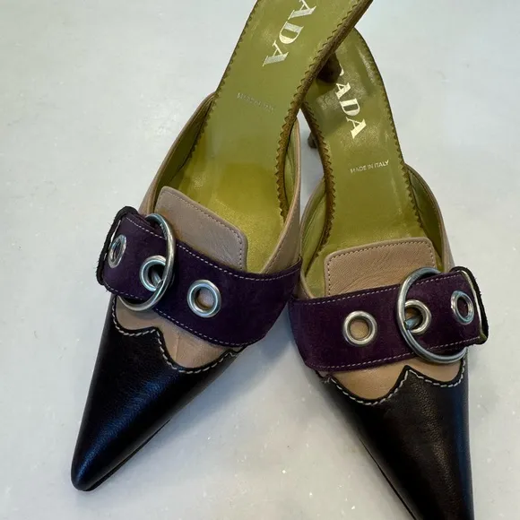 Prada multi color kitten heels with silver buckle