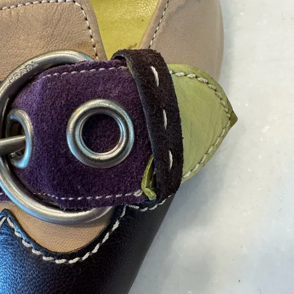 Prada multi color kitten heels with silver buckle
