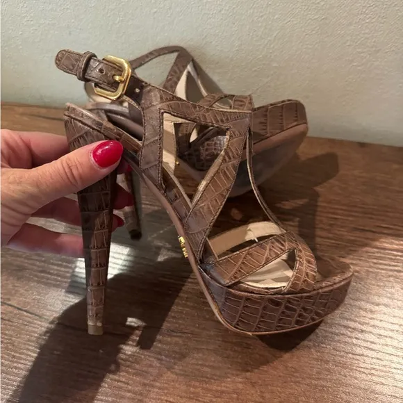 Prada Platform Sandals Brown Croc-Embossed Leather Slingback Heels