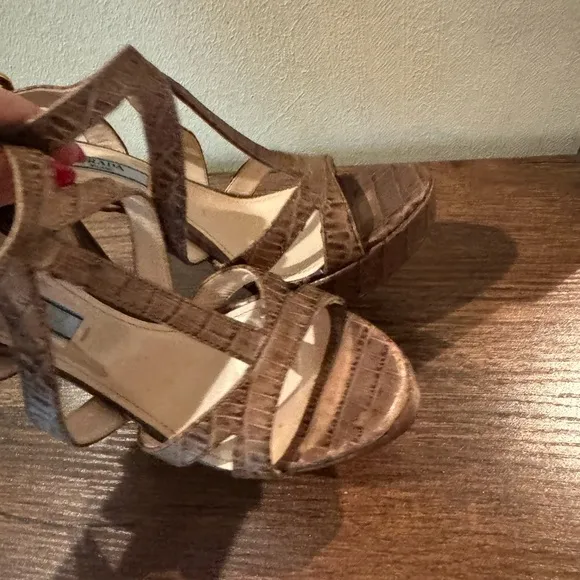 Prada Platform Sandals Brown Croc-Embossed Leather Slingback Heels