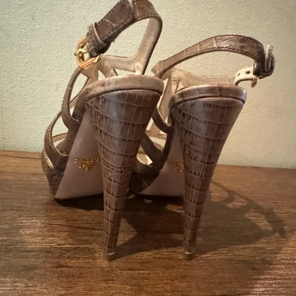 Prada Platform Sandals Brown Croc-Embossed Leather Slingback Heels