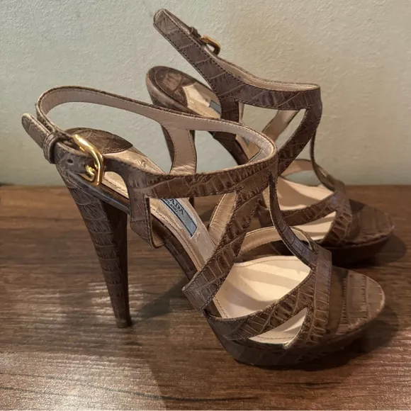 Prada Platform Sandals Brown Croc-Embossed Leather Slingback Heels