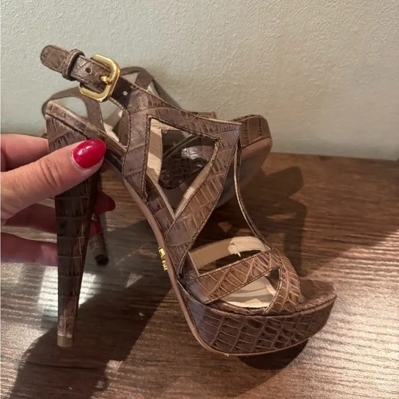 Prada Platform Sandals Brown Croc-Embossed Leather Slingback Heels