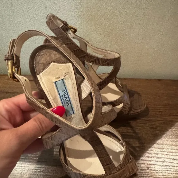 Prada Platform Sandals Brown Croc-Embossed Leather Slingback Heels