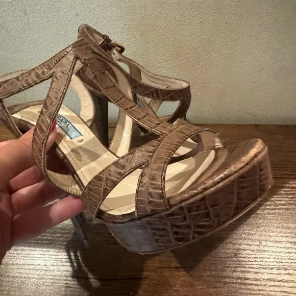 Prada Platform Sandals Brown Croc-Embossed Leather Slingback Heels
