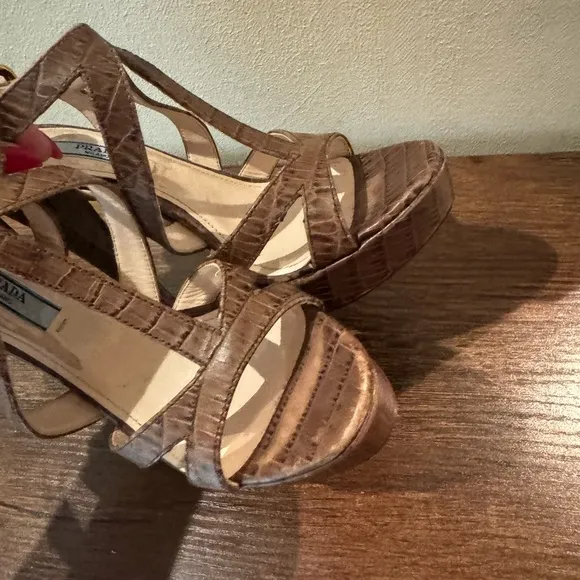 Prada Platform Sandals Brown Croc-Embossed Leather Slingback Heels