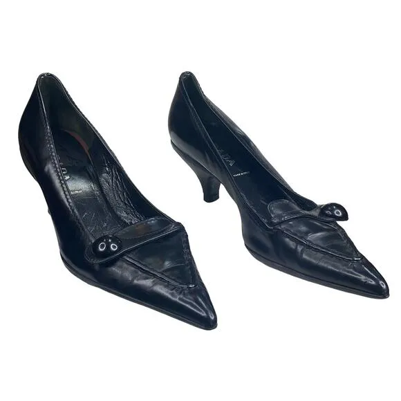 Prada Women’s Black Leather Pointed Toe Kitten Heel Size 37.5 US 7.5