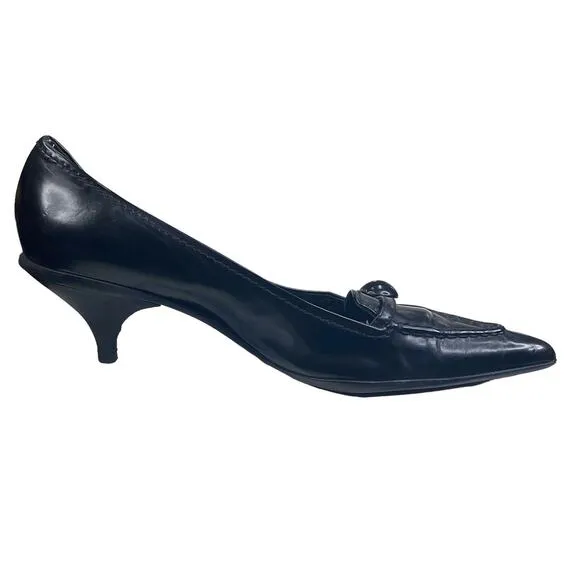 Prada Women’s Black Leather Pointed Toe Kitten Heel Size 37.5 US 7.5
