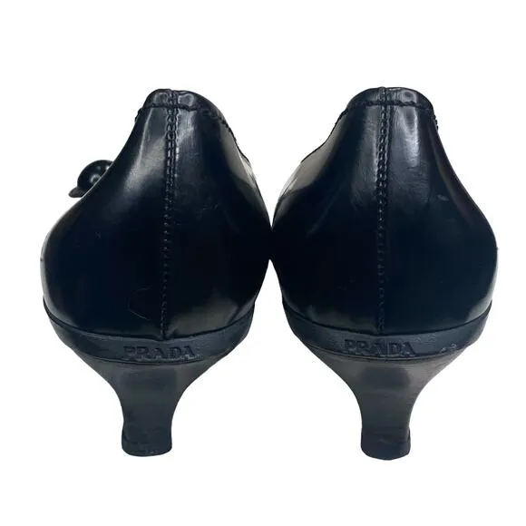 Prada Women’s Black Leather Pointed Toe Kitten Heel Size 37.5 US 7.5