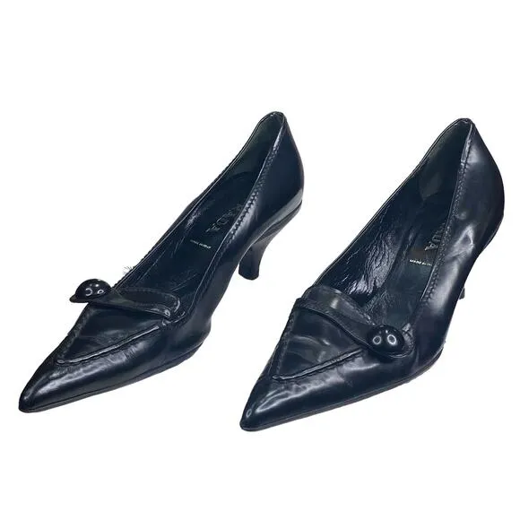 Prada Women’s Black Leather Pointed Toe Kitten Heel Size 37.5 US 7.5
