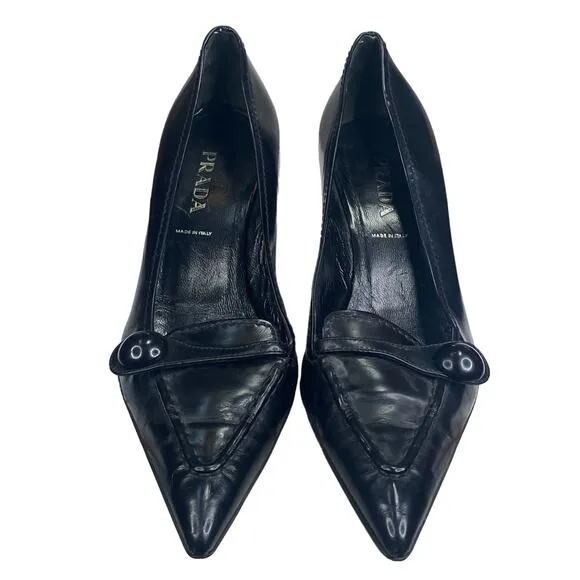 Prada Women’s Black Leather Pointed Toe Kitten Heel Size 37.5 US 7.5