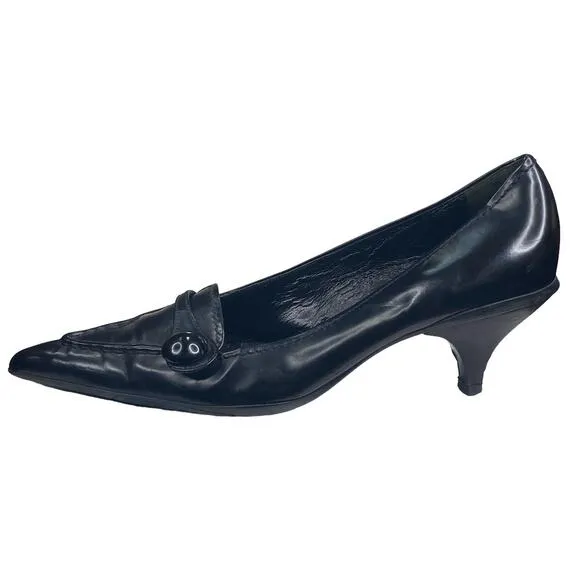 Prada Women’s Black Leather Pointed Toe Kitten Heel Size 37.5 US 7.5