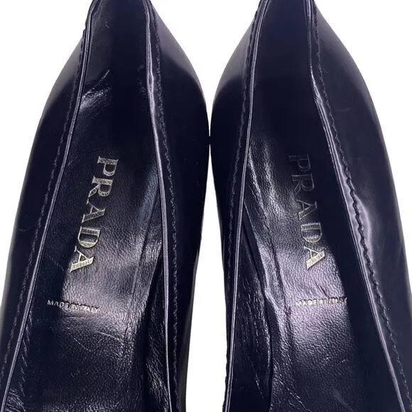Prada Women’s Black Leather Pointed Toe Kitten Heel Size 37.5 US 7.5