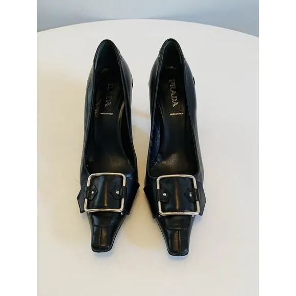 Prada Women's Size 38 / US 8 Black Buckle Kitten Heels Leather Made in Italy