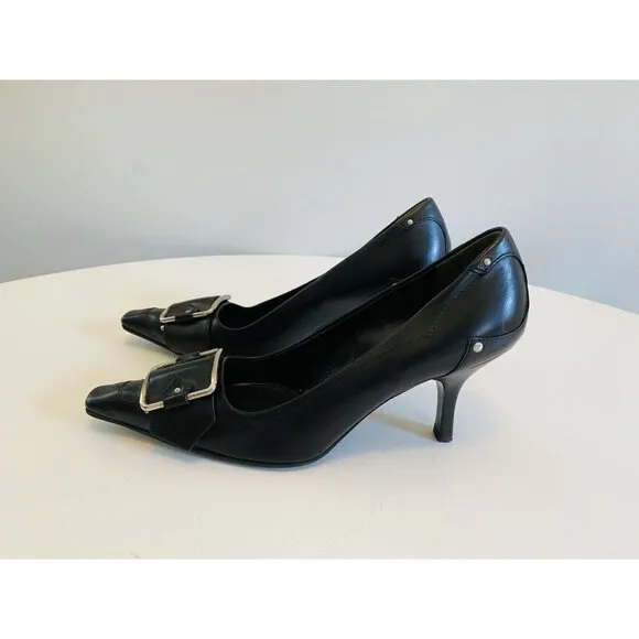 Prada Women's Size 38 / US 8 Black Buckle Kitten Heels Leather Made in Italy