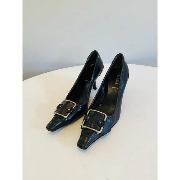 Prada Women's Size 38 / US 8 Black Buckle Kitten Heels Leather Made in Italy