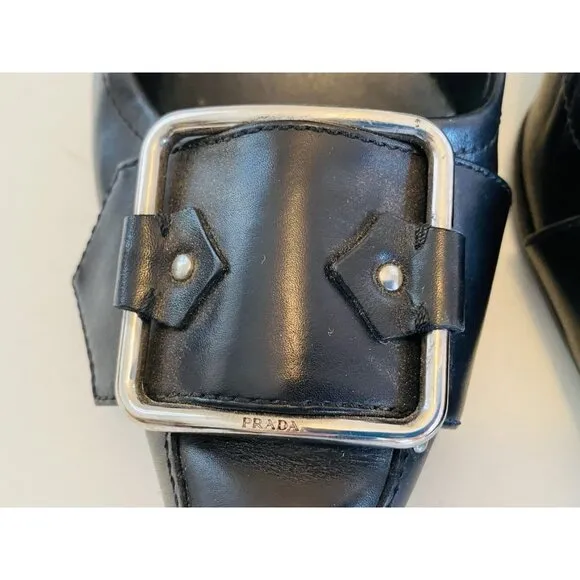 Prada Women's Size 38 / US 8 Black Buckle Kitten Heels Leather Made in Italy