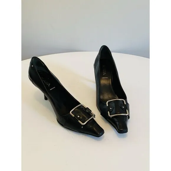Prada Women's Size 38 / US 8 Black Buckle Kitten Heels Leather Made in Italy