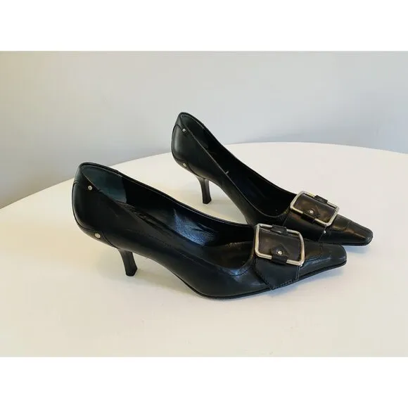 Prada Women's Size 38 / US 8 Black Buckle Kitten Heels Leather Made in Italy