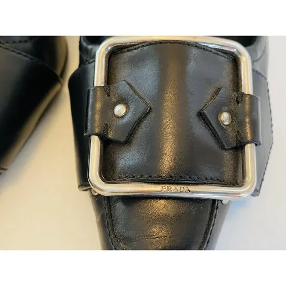 Prada Women's Size 38 / US 8 Black Buckle Kitten Heels Leather Made in Italy