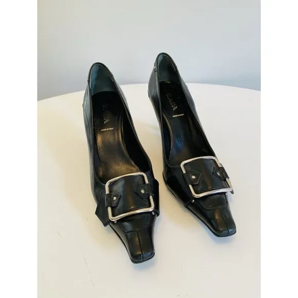 Prada Women's Size 38 / US 8 Black Buckle Kitten Heels Leather Made in Italy