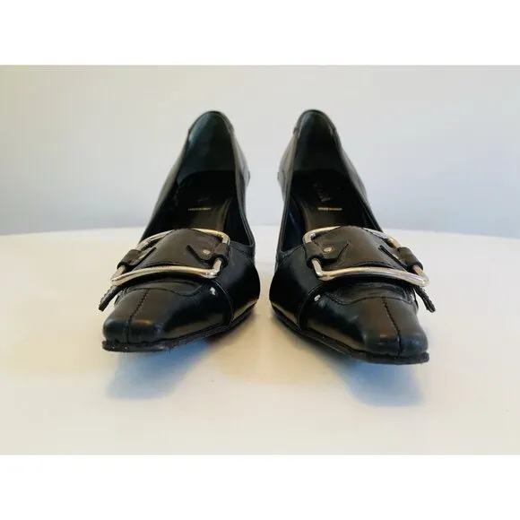 Prada Women's Size 38 / US 8 Black Buckle Kitten Heels Leather Made in Italy