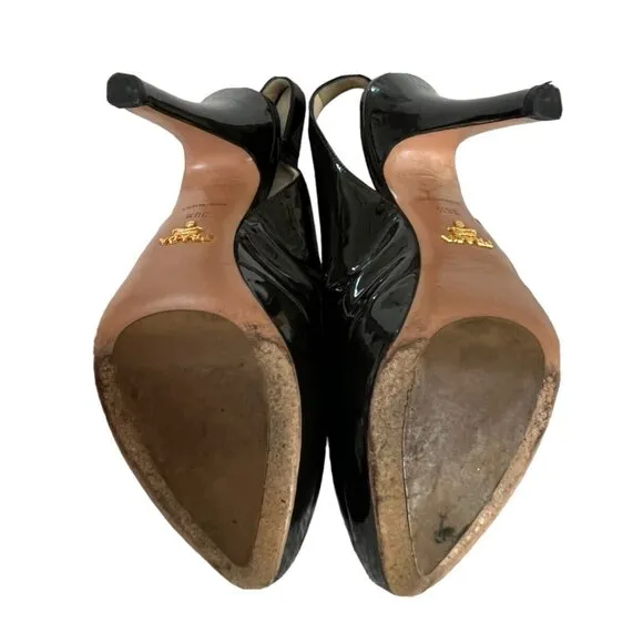 Prada Womens Sz 38.5 Olive Green Patent Leather Platform Slingback  Heels Sz 8