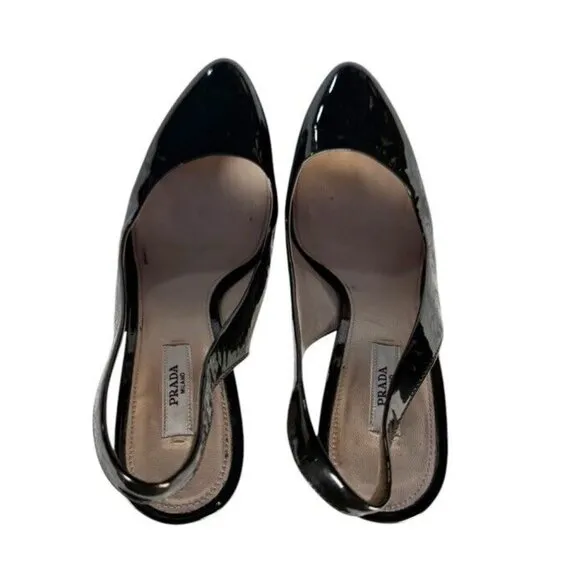 Prada Womens Sz 38.5 Olive Green Patent Leather Platform Slingback  Heels Sz 8