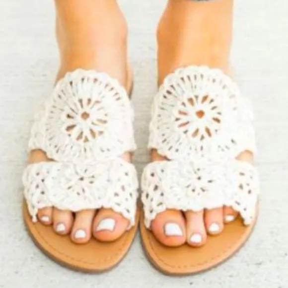 Qupid Athena Ivory White Crochet Flat Peep-Toe Sandal