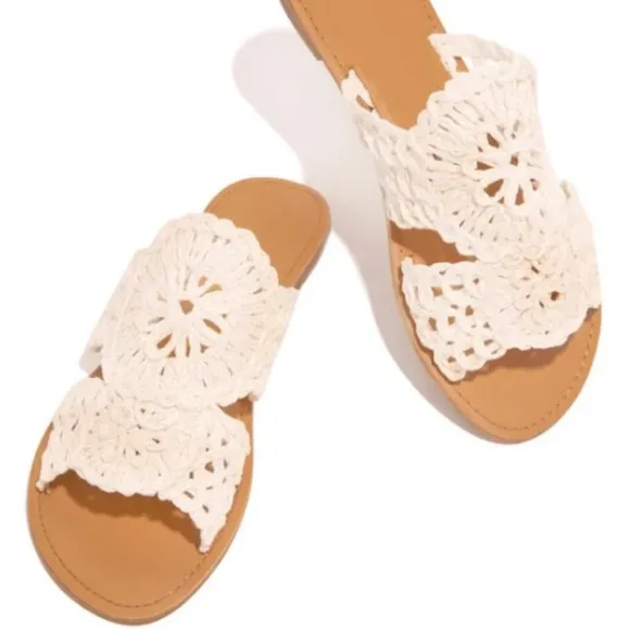 Qupid Athena Ivory White Crochet Flat Peep-Toe Sandal