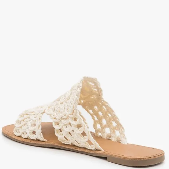 Qupid Athena Ivory White Crochet Flat Peep-Toe Sandal