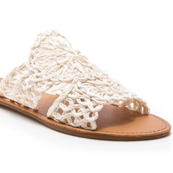 Qupid Athena Ivory White Crochet Flat Peep-Toe Sandal