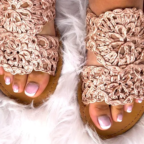 Qupid Athena Ivory White Crochet Flat Peep-Toe Sandal