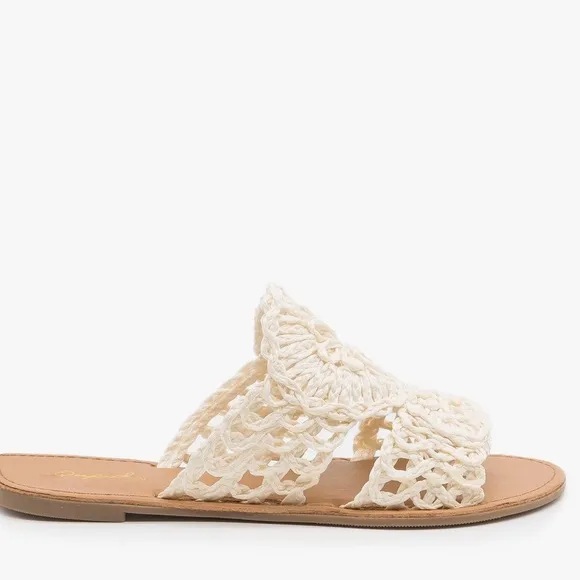 Qupid Athena Ivory White Crochet Flat Peep-Toe Sandal