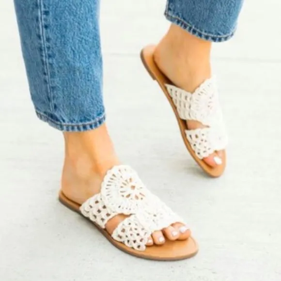 Qupid Athena Ivory White Crochet Flat Peep-Toe Sandal