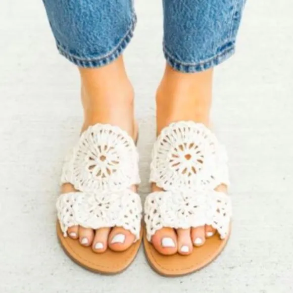 Qupid Athena Ivory White Crochet Flat Peep-Toe Sandal