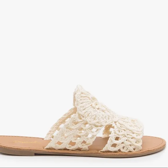 Qupid Athena Ivory White Crochet Flat Peep-Toe Sandal