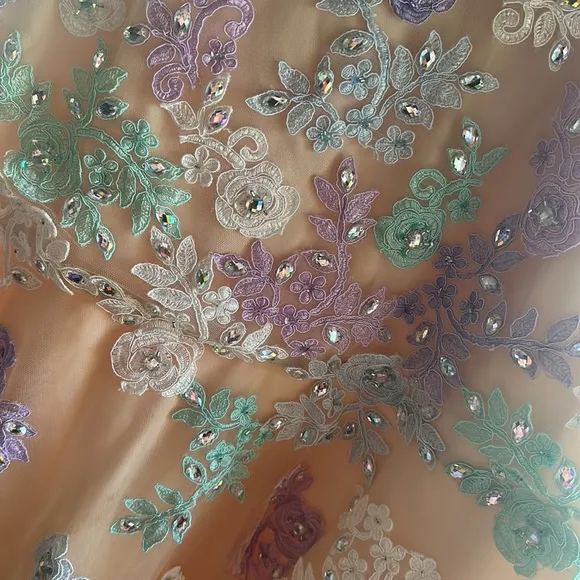 RACHEL ALLAN Strapless Beaded Floral Lace Appliqué Nude Tulle Prom Gown NWT