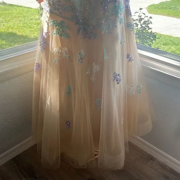 RACHEL ALLAN Strapless Beaded Floral Lace Appliqué Nude Tulle Prom Gown NWT