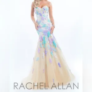 RACHEL ALLAN Strapless Beaded Floral Lace Appliqué Nude Tulle Prom Gown NWT