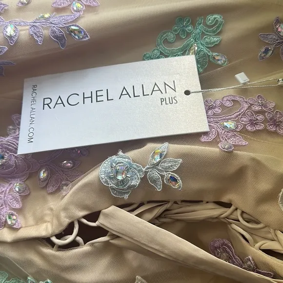 RACHEL ALLAN Strapless Beaded Floral Lace Appliqué Nude Tulle Prom Gown NWT