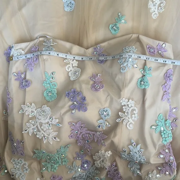 RACHEL ALLAN Strapless Beaded Floral Lace Appliqué Nude Tulle Prom Gown NWT