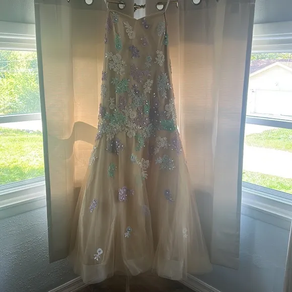 RACHEL ALLAN Strapless Beaded Floral Lace Appliqué Nude Tulle Prom Gown NWT