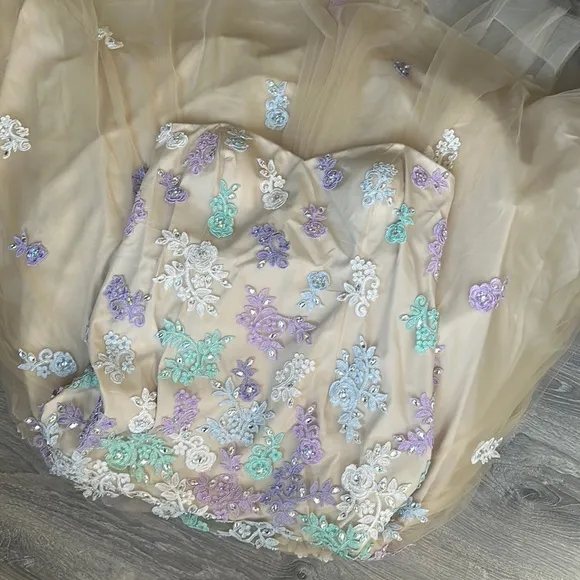 RACHEL ALLAN Strapless Beaded Floral Lace Appliqué Nude Tulle Prom Gown NWT