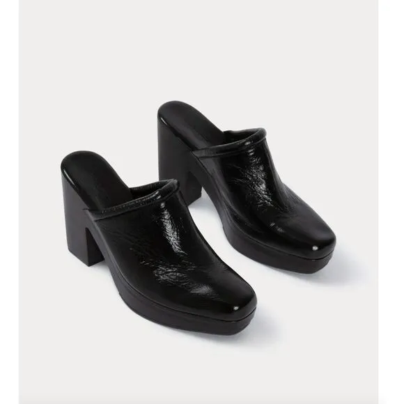 Rachel Comey Black Square Toe Chet Mules Clogs Slip On Patent Leather Size 5.5