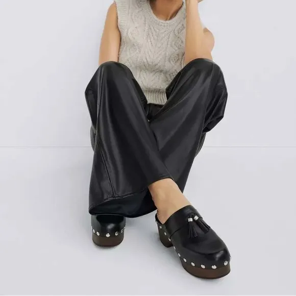 Rag &amp; Bone Johannes Clog - Black Leather Platform Clogs with Tassels
