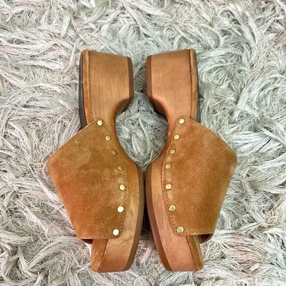 Rag &amp; Bone Mara Open Toe Studded Platform Clogs in Tobacco Suede size 37 US 7