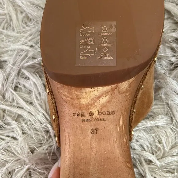 Rag &amp; Bone Mara Open Toe Studded Platform Clogs in Tobacco Suede size 37 US 7
