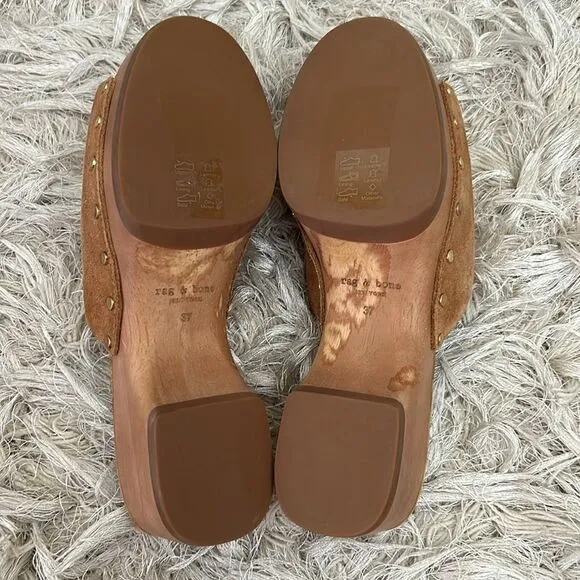 Rag &amp; Bone Mara Open Toe Studded Platform Clogs in Tobacco Suede size 37 US 7
